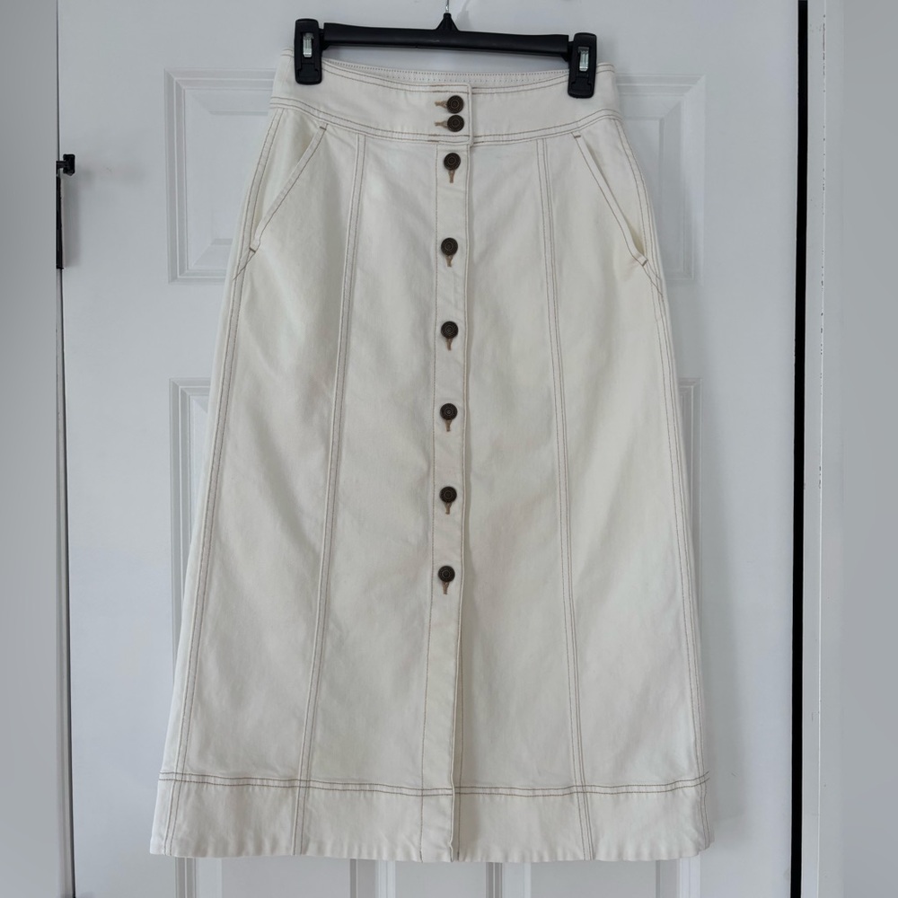 Unsubscribed white denim, button front, maxi skirt